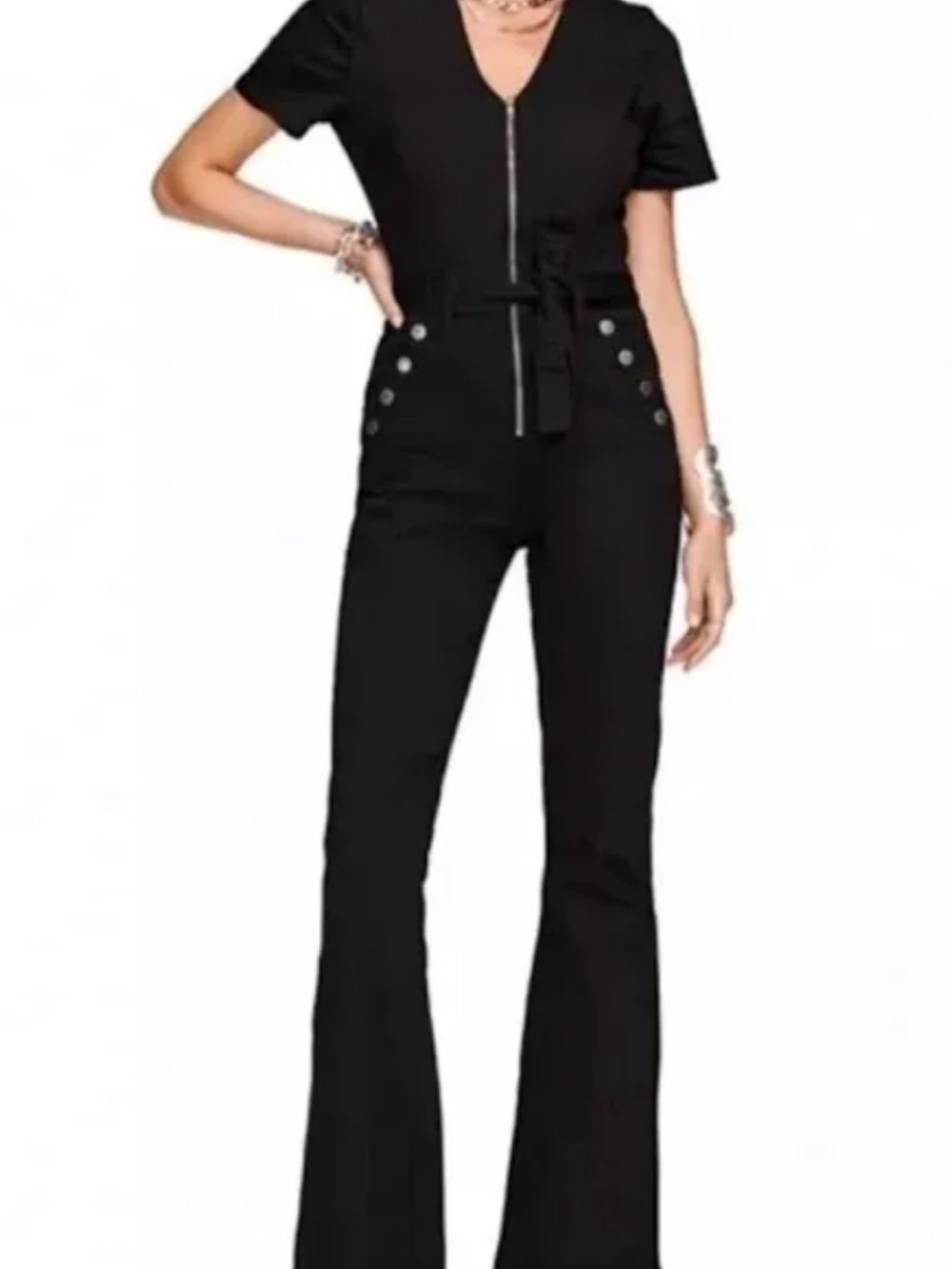 Ramy Brook Black Flare Jumpsuit with Front Zip and Self Tie